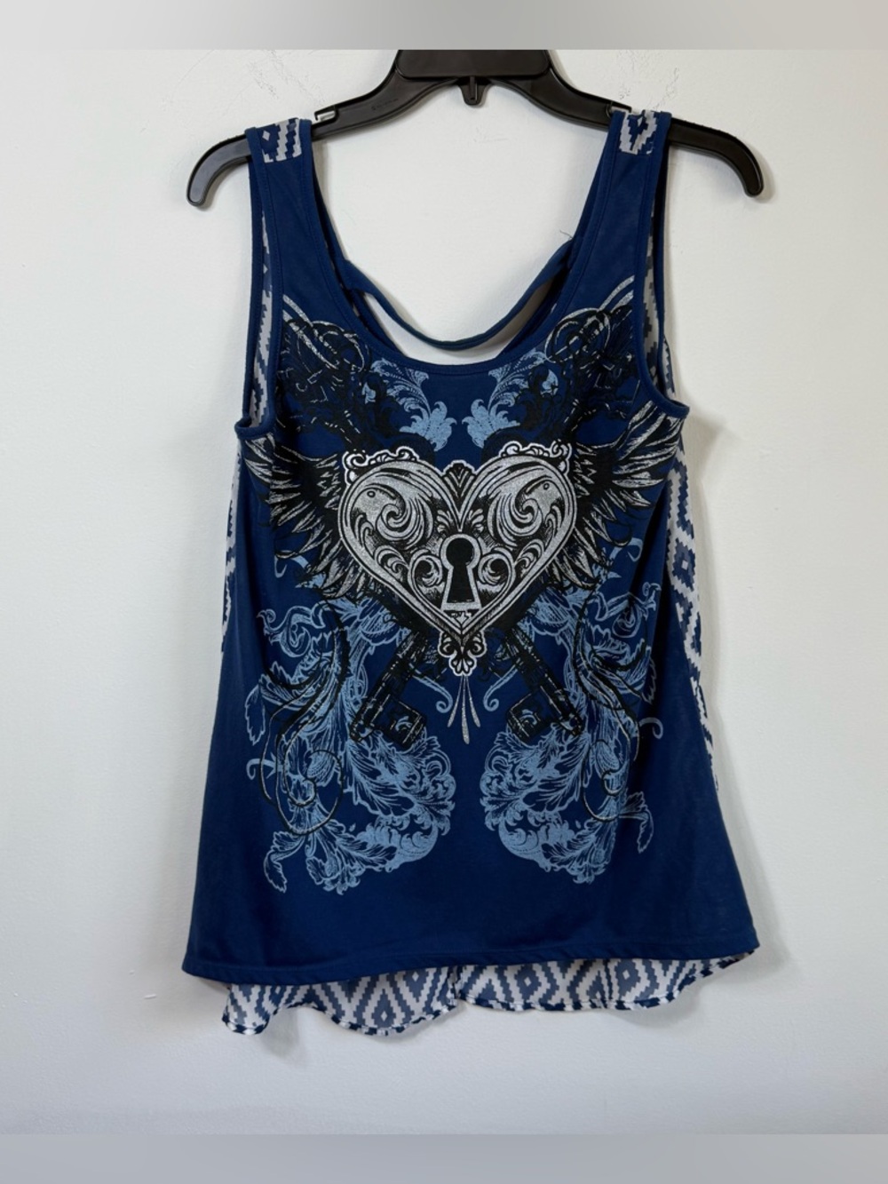 Hybrid Blue Winged Heart Key Graphic Tank Top M Mixed Media Geometric Back